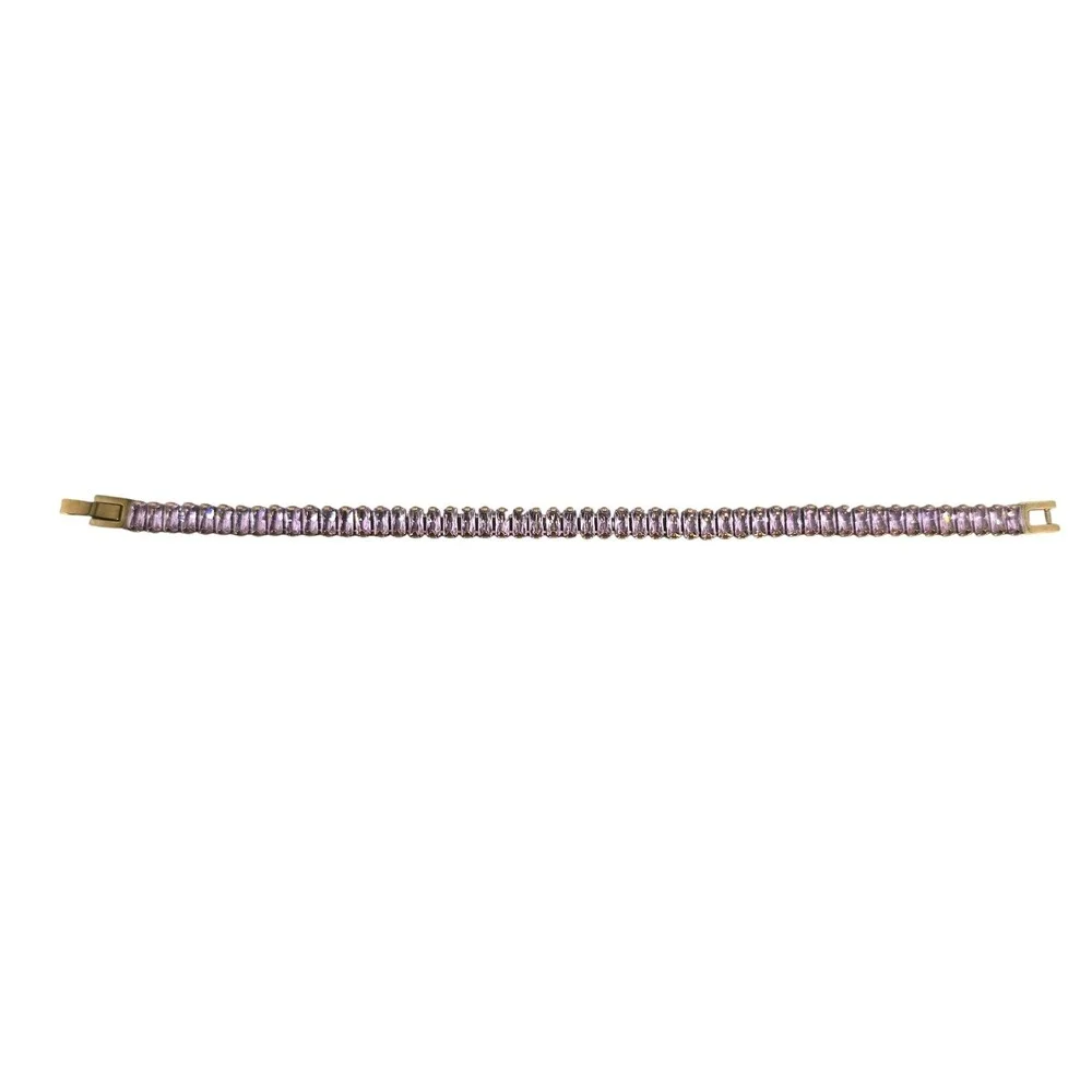 Tennis Bracelet Women 6.75 Baguette Pink Crystal Gold Tone Elegant EUC